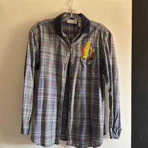 VINTAGE Casey & Max plaid embroidered artsy button up with corduroy collar